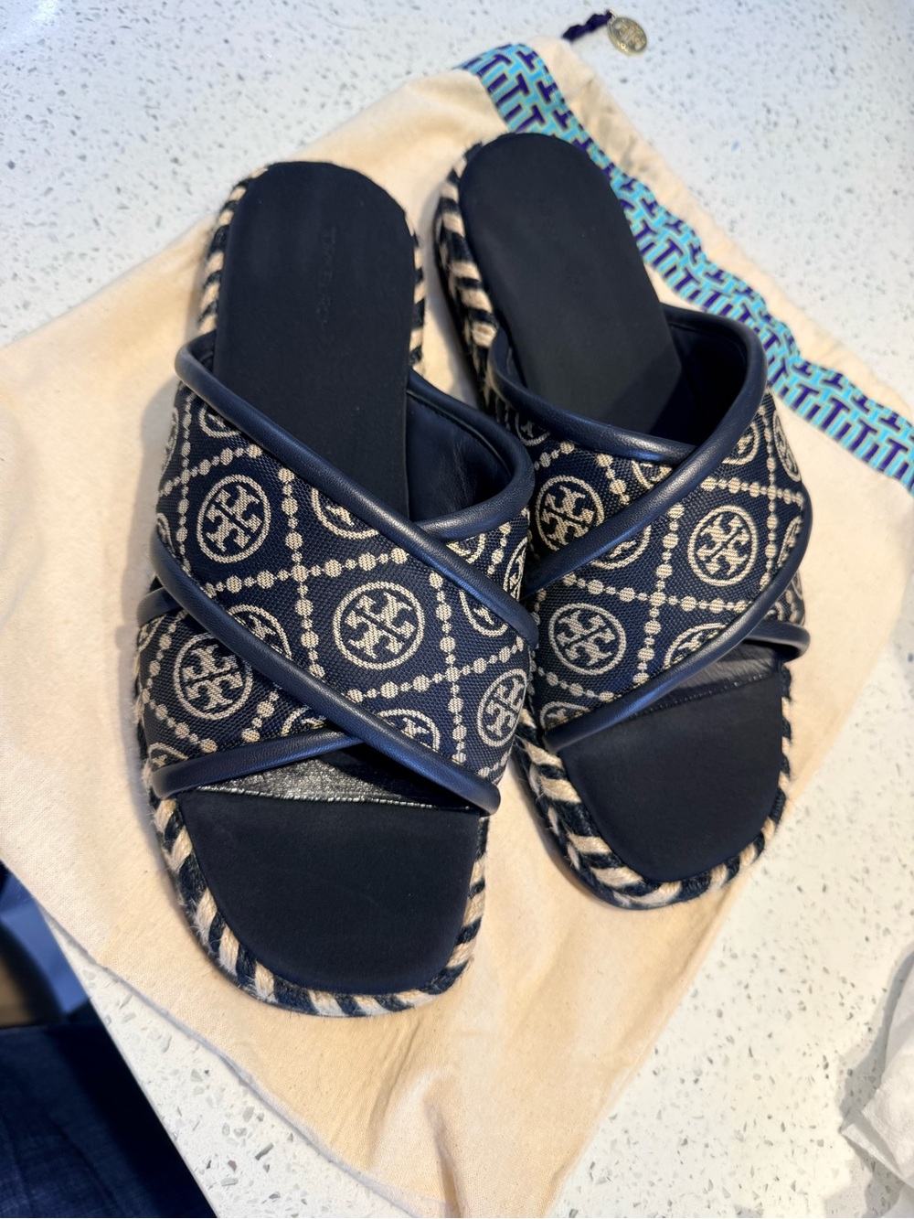 Tory Burch Navy and Cream Crossband Logo Slide Sandals